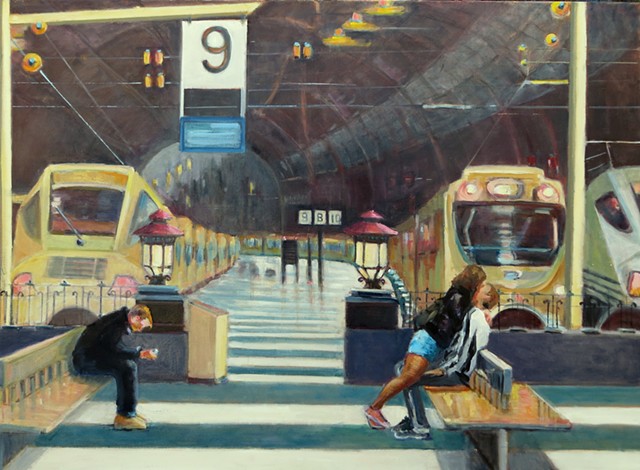 lowenstein train stations people waiting narrative paintings figurative  figures