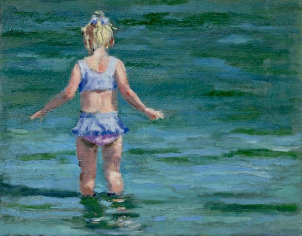 shelley lowenstein abstract realism oil gesture figurative painting narrative young girl in water ocean beach