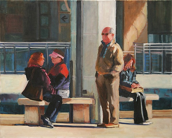 shelley lowenstein artist oil gesture figurative painting narrative four italian men women waiting at train station loneliness