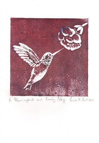 Original, hand pulled art print of a hummingbird and morning glory