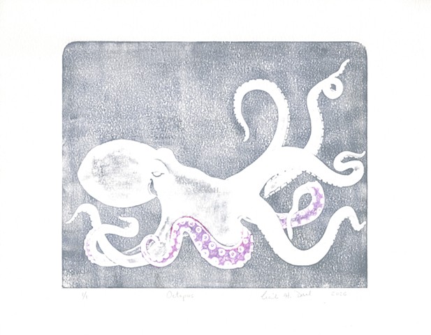 Original, hand pulled art print of an Octopus
