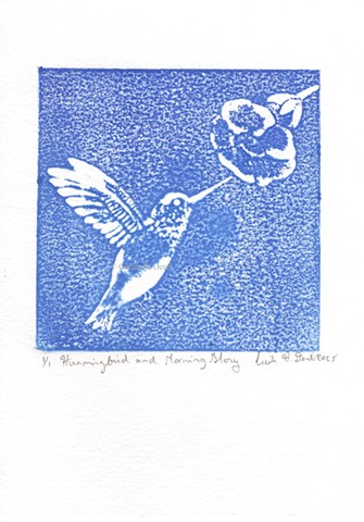 Original, hand pulled art print of a hummingbird and morning glory