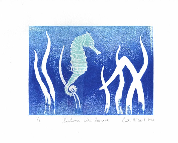 Original, hand pulled art print of a seahorse with seaweed
