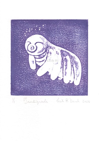 Original, hand pulled art print of a tardigrade