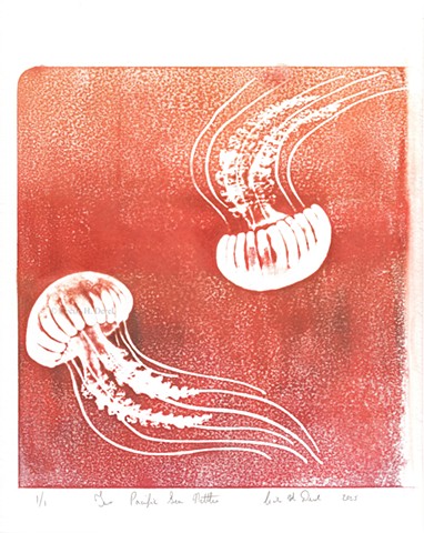 Original, hand pulled art print of two Pacific Sea Nettles