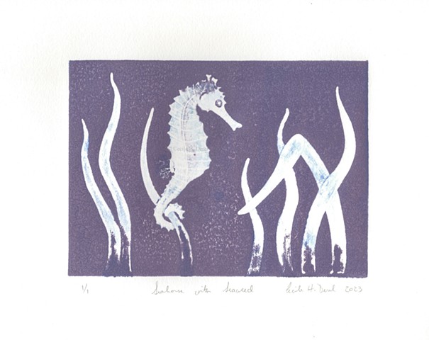 Original, hand pulled art print of a seahorse with seaweed