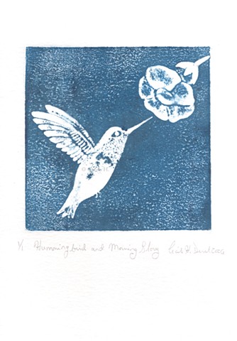 Original, hand pulled art print of a hummingbird and morning glory
