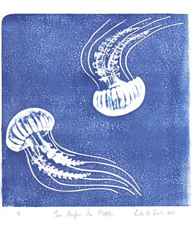 Original, hand pulled art print of two Pacific Sea Nettles