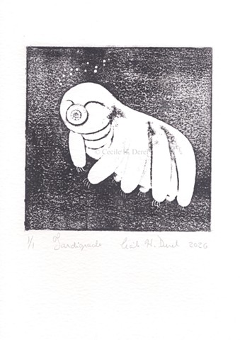 Original, hand pulled art print of a tardigrade