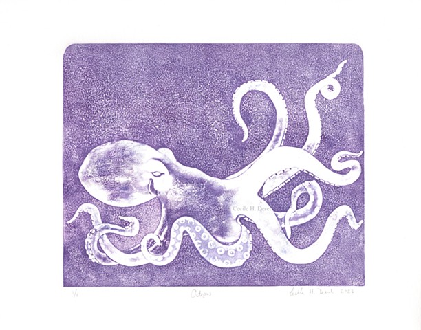 Original, hand pulled art print of an Octopus
