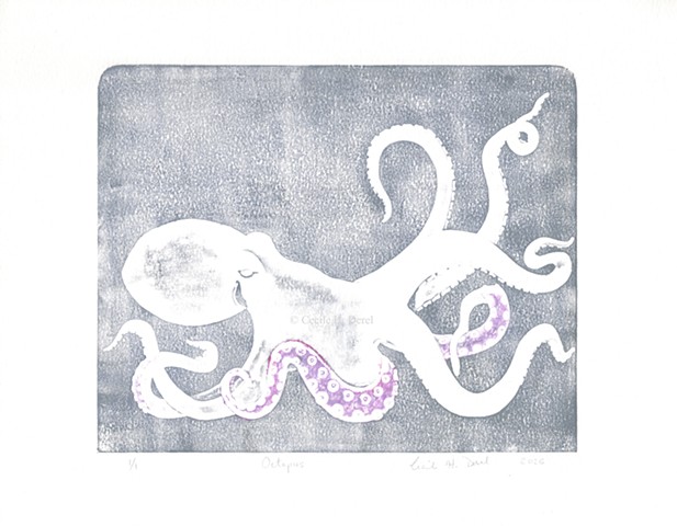 Original, hand pulled art print of an Octopus