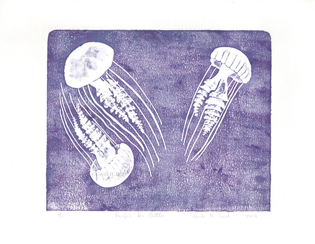 Original, hand pulled art print of three Pacific Sea Nettles jellyfish