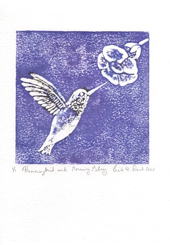Original, hand pulled art print of a hummingbird and morning glory