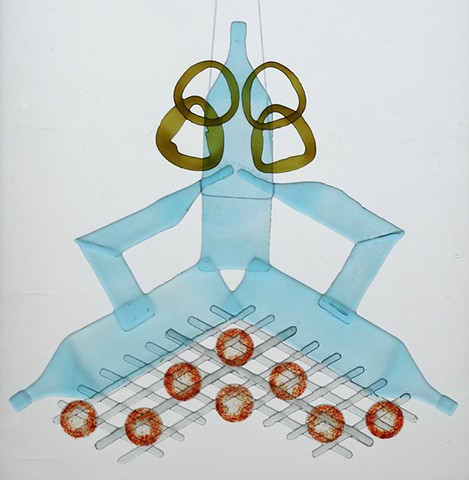 Slumped and fused bottle glass, red frit.