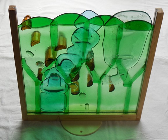bottle glass, wood