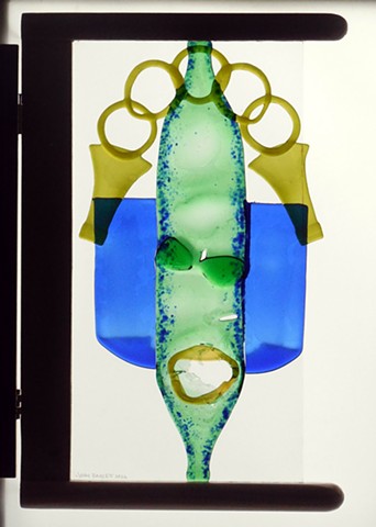 A gate. Slumped and fused bottle glass, plate glass, blue swarf.