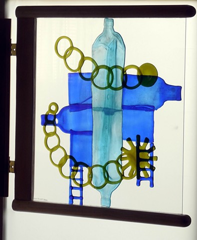 A gate.  Slumped and fused bottle glass, plate glass, wood.