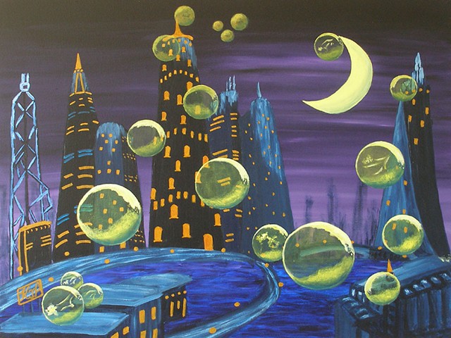 skyscrapers at night; globes in night setting; urban jungle