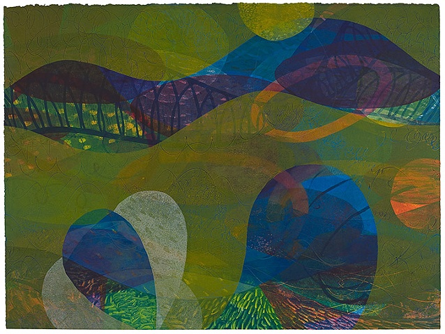 Abstract monotype with woodcut by Sandra Butler