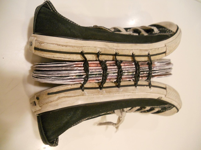 Converse shoes, photographs with prints, bound with a coptic binding