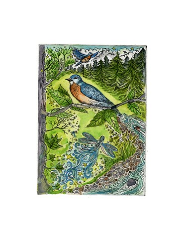 Bluebirds and a forest scene with a creek and an a fairy flying by