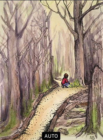 watercolor and ink pen drawing of a person in the woods leaning down to examine wildflowers