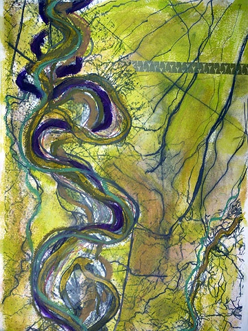 encaustic, digital & mixed media, mapping, inspired by Robert Fisk's maps of the MIssissippi River.