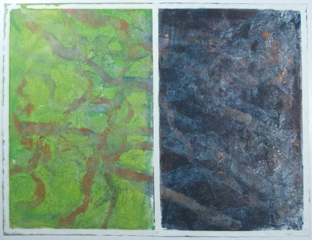 2 panes with green, encaustic monotype on Rives lightweight, 20" x 26"