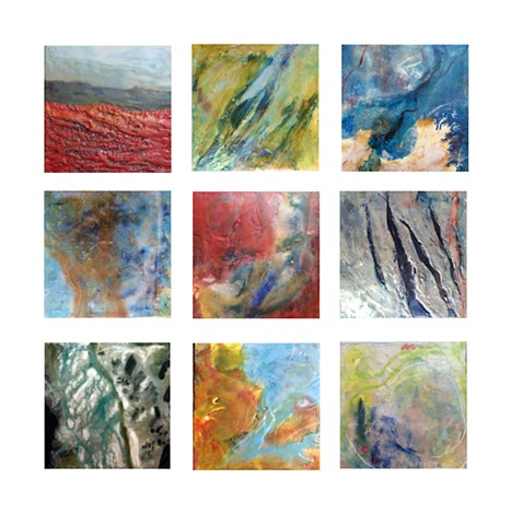 Series of small paintings, high viewpoint aerials and some micrographic images.