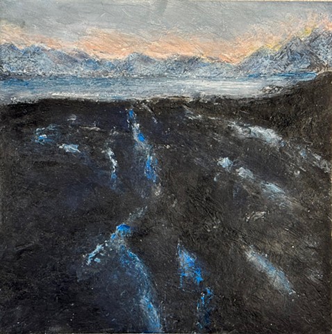 Hornsund Black Sand Beach - cold wax and oil on panel, 12" x 12"