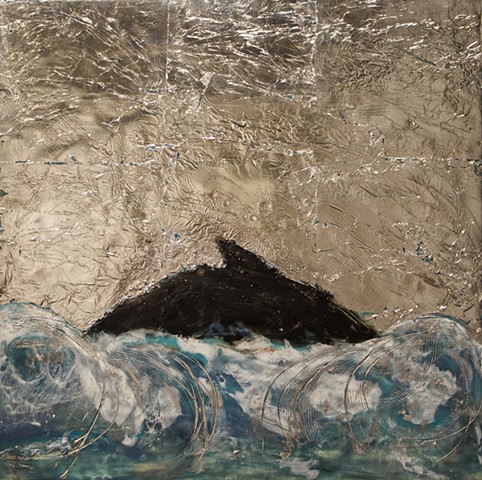 Humpback Icon, encaustic and aluminum leaf 16" x 16"