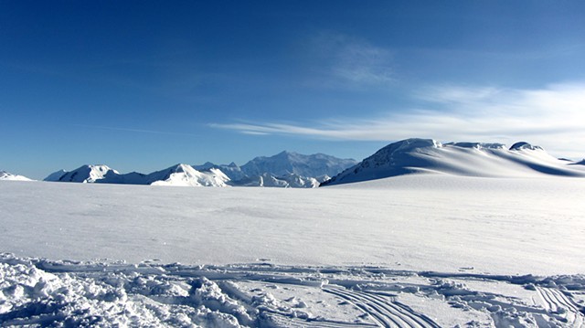 Mt Logan - ski tracks in foreground