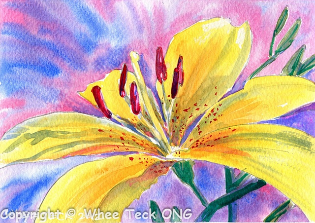 Whee Teck, Watercolor, Watercolour, Bright, Intense, Colors, Colours, Drib Drab.  Yellow Lily.