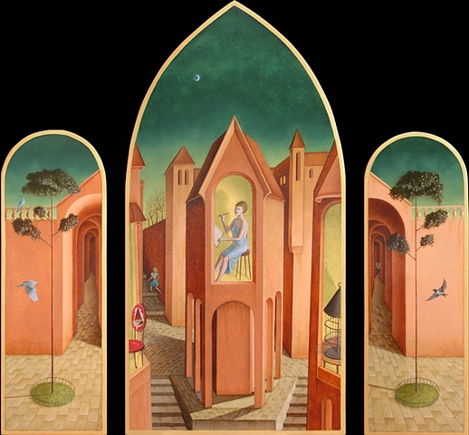 oil painting triptych of surreal, magic realism by female artist Karen S. Purdy