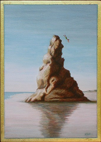 oil and acrylic painting on panel of rock landscape by female artist Karen S. Purdy