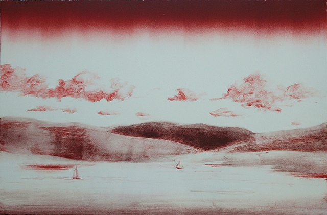 monotype color print of Tomales Bay landscape by female artist Karen S. Purdy