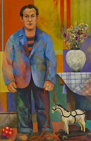 Man With Pull Toy and Dead Flowers