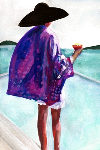woman with drink in silk kimono