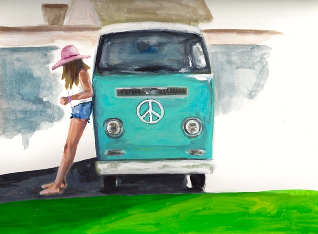 woman with van, peace sign, funky girl, road trip
