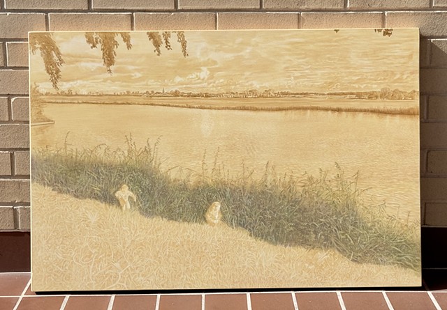 Two kids playing along the river in Muiden Netherlands