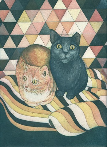portrait of two cats, orange cat, grey cat