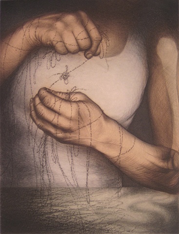 figure holding strings of text, arm bones exposed