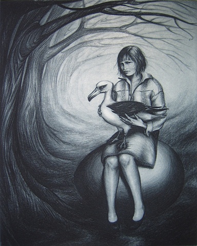 young woman sitting on a huge egg, holding an albatross, with trees in background