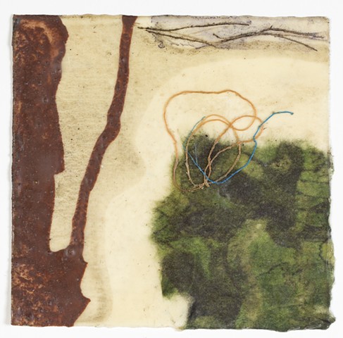 mud, raw beeswax, earth, digital aerial image, sea threads, vegetation handmade paper