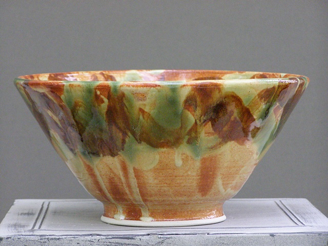 Large hand thrown stoneware bowl, earth tone glazes, serving and mixing use by ngheslep.