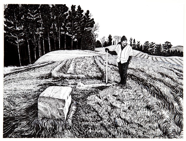 ink drawing of figure standing in dry grass field, holding a staff, with large granite block