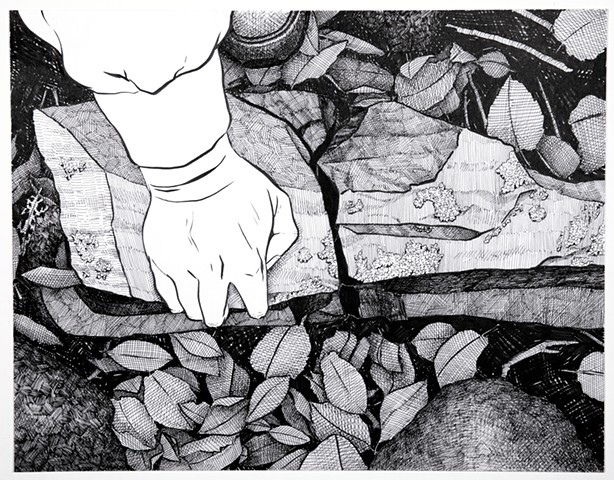 ink outline drawing of hand reaching down to grab heavily hatched rocks, separated by a large crack and surrounded by leaves