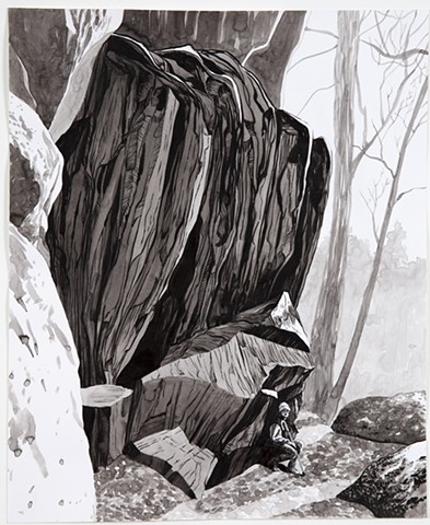 ink drawing of small figure crouching at base of large rocks