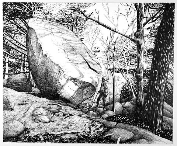 black ink drawing of person in forest, standing next to enormous boulder