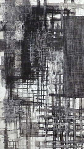 charcoal and acrylic painting of grids on wood by Jay Hendrick